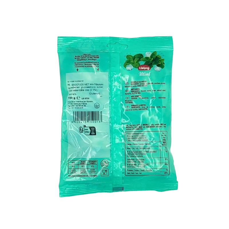 Emballage arrière des bonbons durs à la menthe Liking 150g, présentant les ingrédients et les informations nutritionnelles.