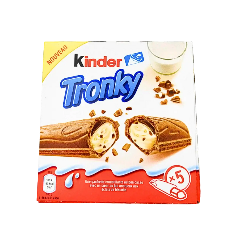 Emballage de gaufrette Kinder Tronky 90g avec gaufrette croquante au cacao et cœur crémeux de lait.