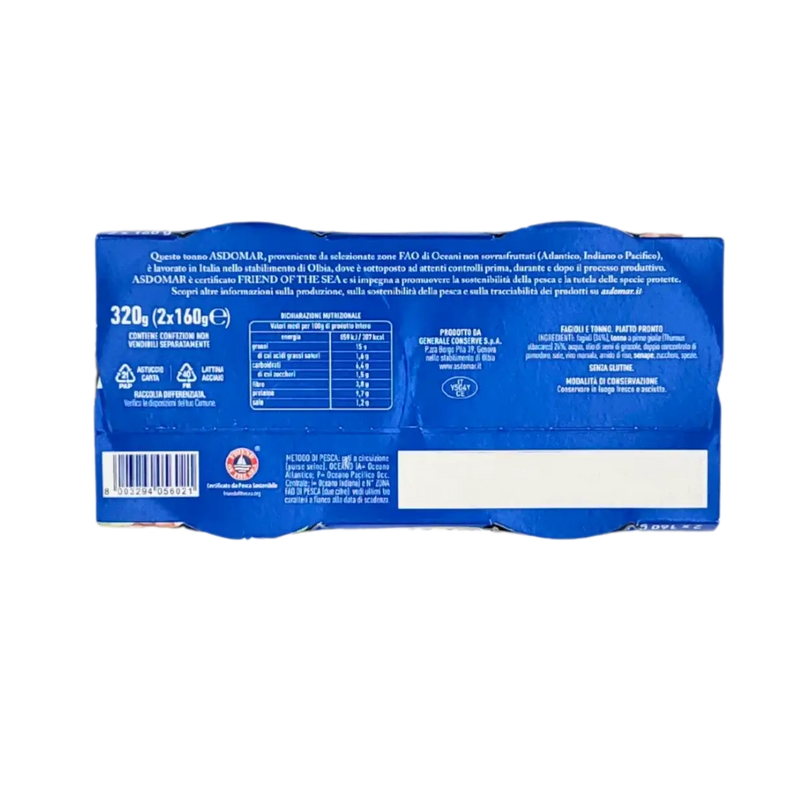 Thon aux Haricots Blancs As Do Mar 320g - Vue arrière de la boîte avec label Friend of the Sea