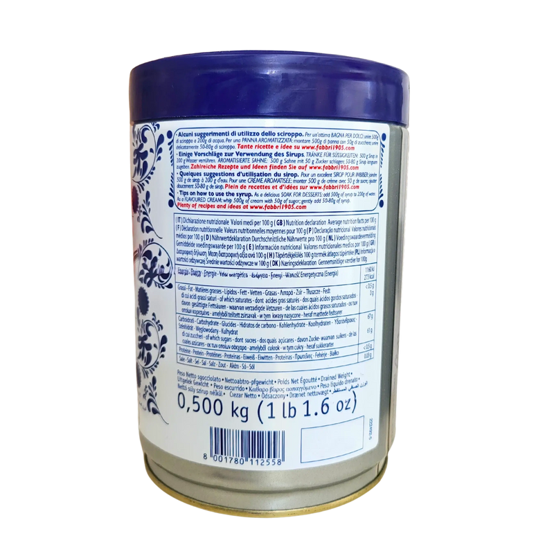 Vue arrière du bocal de Cerises Amarena Fabbri 1,2 kg, avec informations nutritionnelles multilingues.