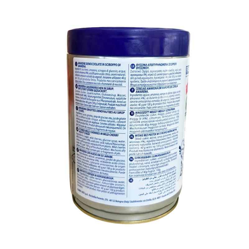 Dos du bocal de Cerises Amarena Fabbri 1,2 kg, affichant les détails du produit et la liste des ingrédients.