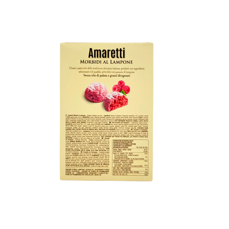 Emballage arrière Amaretti Framboise Falcone 170g avec design et informations produit.