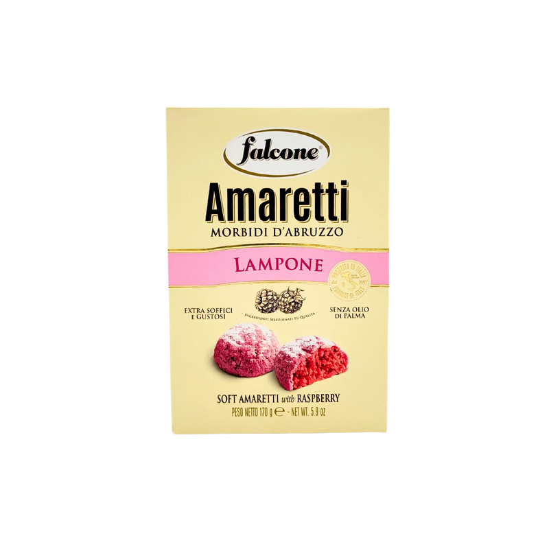 Boîte d’Amaretti Framboise Falcone 170g, biscuits italiens moelleux aux amandes et framboise, vue avant.