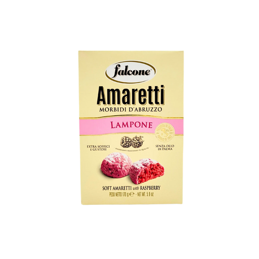 Boîte d’Amaretti Framboise Falcone 170g, biscuits italiens moelleux aux amandes et framboise, vue avant.