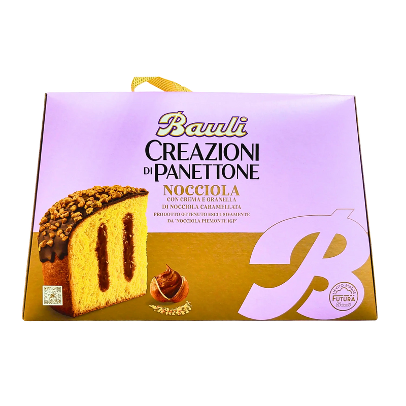 Panettone Nocciola Bauli en gros plan – vue de face avec chocolat et noisettes