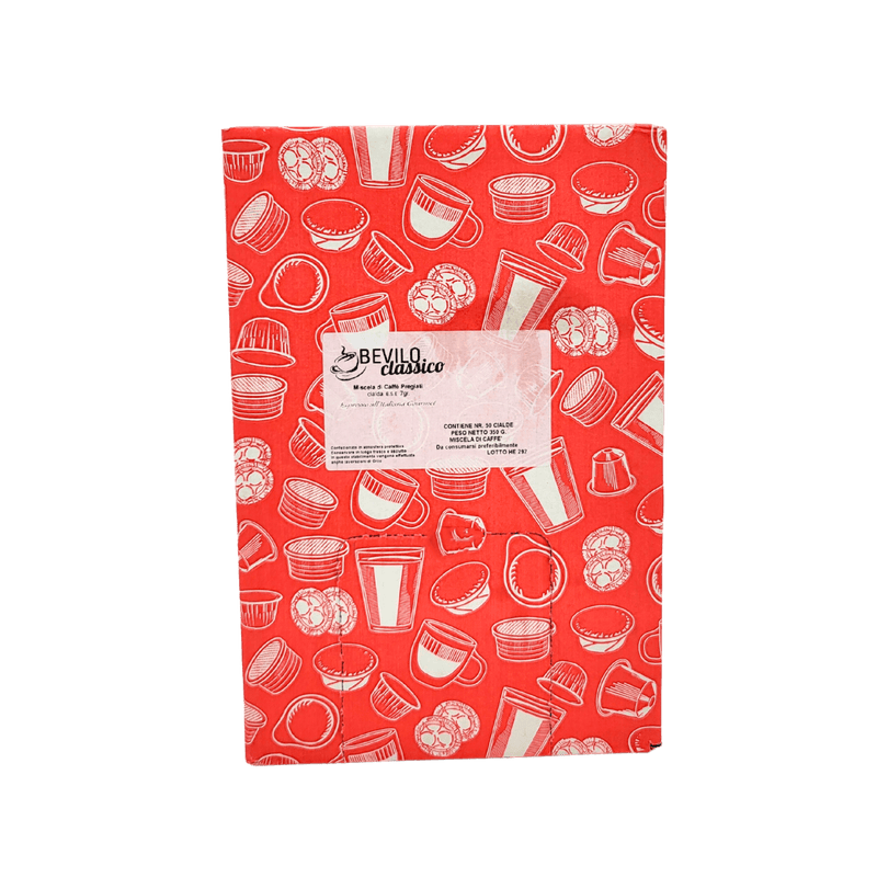 Café Dosettes Senseo Italien Bevilo 50 avec emballage rouge, idéal pour machines Frog, savourer les cafés compatibles Senseo.