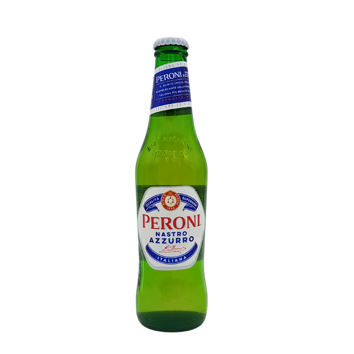 Bouteille de bière Peroni Nastro Azzurro 33cl, une lager italienne rafraîchissante avec un goût unique, parfaite pour un apéritif.