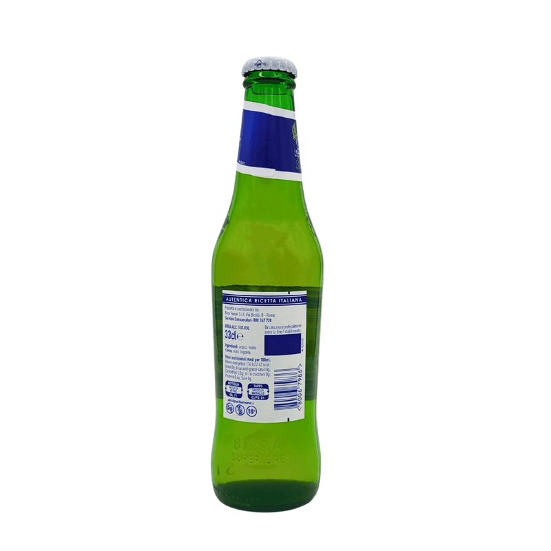 Arrière de la bouteille de bière Peroni Nastro Azzurro 33cl avec informations nutritionnelles et ingrédients en détail.