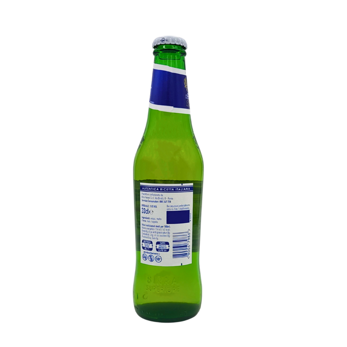 Arrière de la bouteille de bière Peroni Nastro Azzurro 33cl avec informations nutritionnelles et ingrédients en détail.