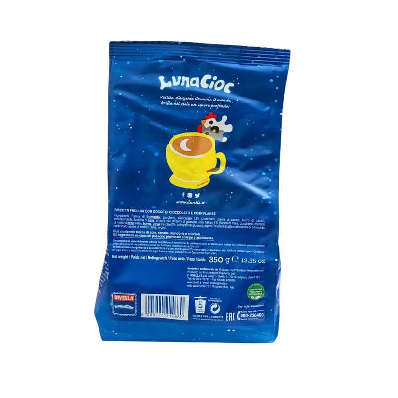 Vue arrière du paquet de cookies Gocciole LunaCioc Divella 350 g, mettant en avant le design authentique du cookie italien.