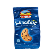 Cookie italien Gocciole LunaCioc Divella 350 g, délicieux biscuit aux pépites de chocolat et corn flakes, dans un paquet bleu emblématique.