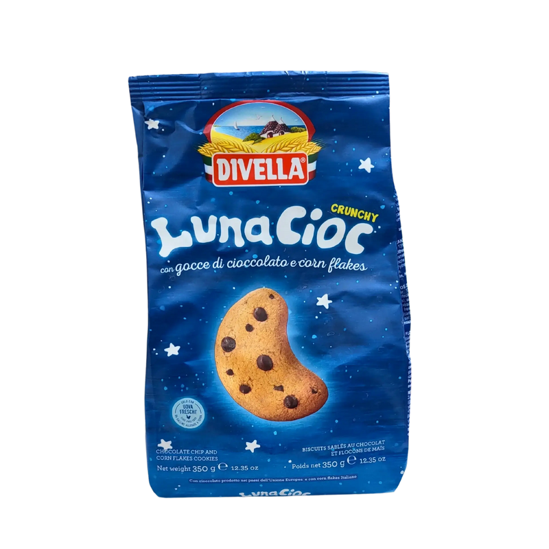 Cookie italien Gocciole LunaCioc Divella 350 g, délicieux biscuit aux pépites de chocolat et corn flakes, dans un paquet bleu emblématique.