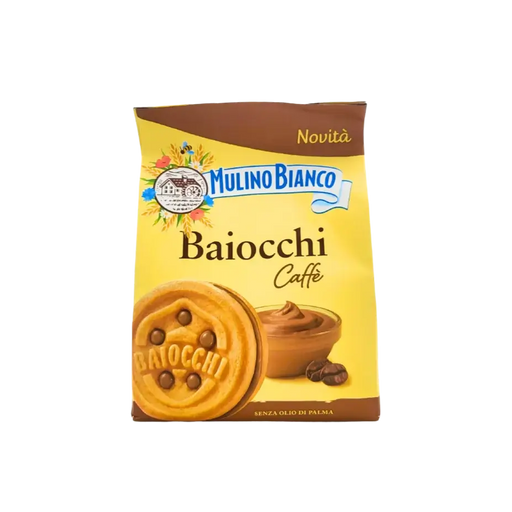 Face avant du paquet de biscuits Baiocchi Caffè de Mulino Bianco, avec visuel du biscuit et pot de crème au café.