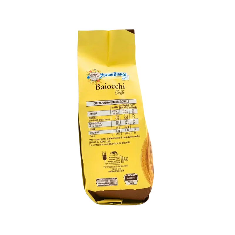 Valeurs nutritionnelles des biscuits Baiocchi Caffè Mulino Bianco pour 100g et par biscuit.