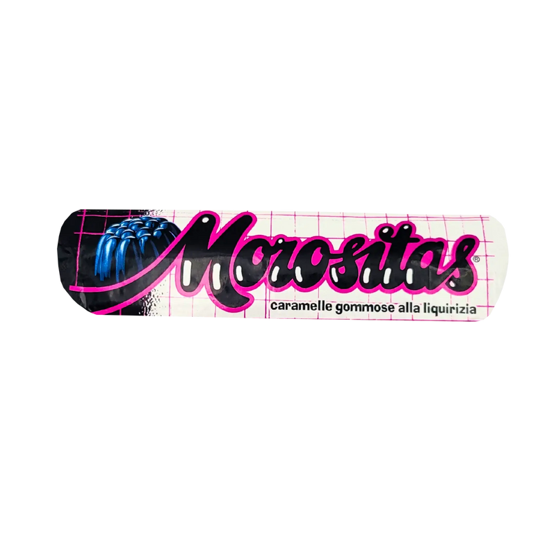 Bonbons réglisse Morositas 34g, moelleux italiens sans sucre ajouté, confiseries savoureuses à texture tendre, goût réglisse naturel.