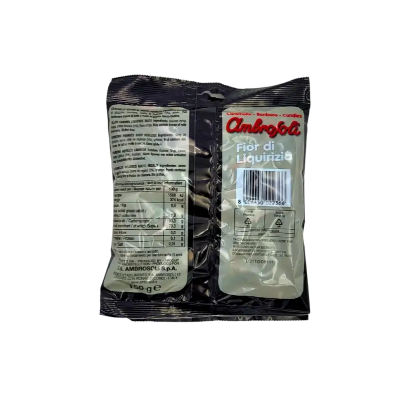 Vue arrière du sachet de bonbons Réglisse Ambrosoli Fior di Liquirizia 150 g, présentant les détails authentiques des bonbons réglisse italiens.