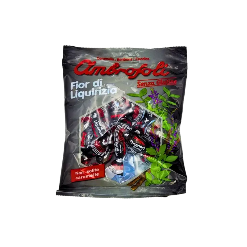 Emballage des bonbons réglisse italiens Ambrosoli Fior di Liquirizia, présentant des bonbons à la réglisse sans gluten typiquement italiens.