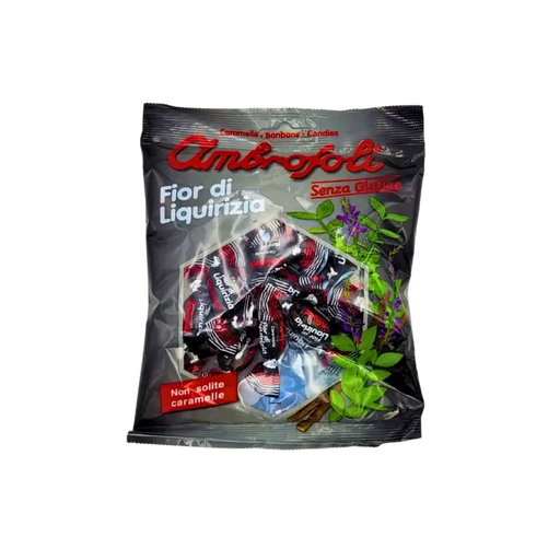 Emballage des bonbons réglisse italiens Ambrosoli Fior di Liquirizia, présentant des bonbons à la réglisse sans gluten typiquement italiens.