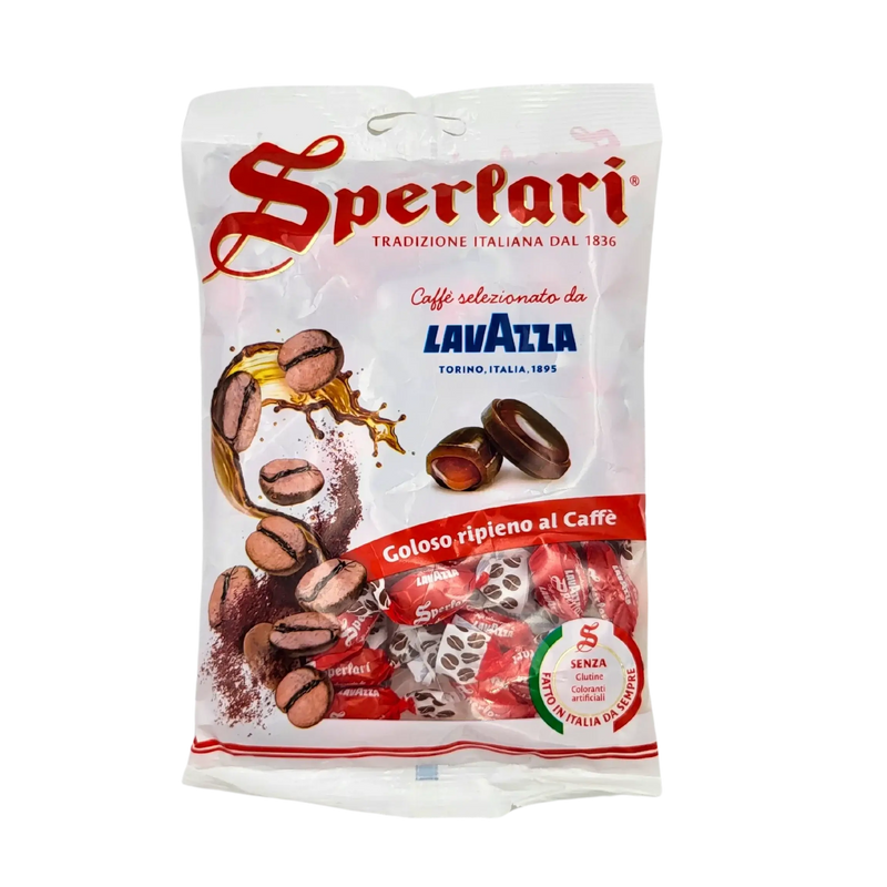 Emballage des bonbons Café Lavazza Sperlari 175 g, bonbons italiens au café par Sperlari et Lavazza, vue avant.