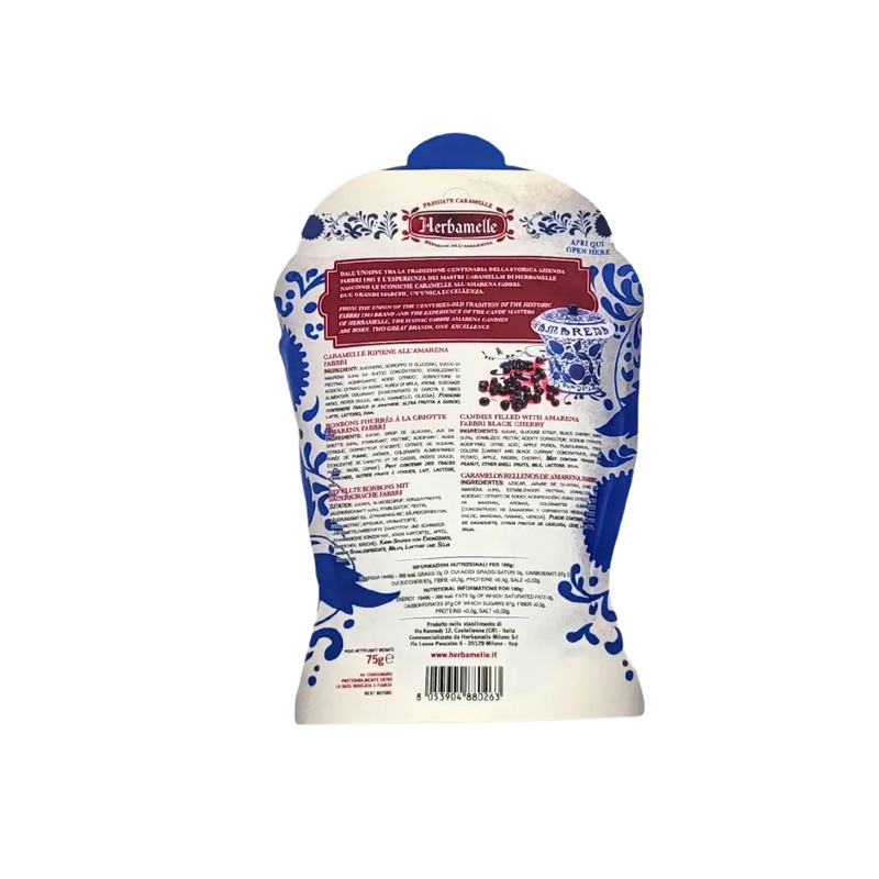 Emballage des Bonbons Fourrés Griotte Amarena Herbamelle, avec les informations sur le produit et ses éléments de design.