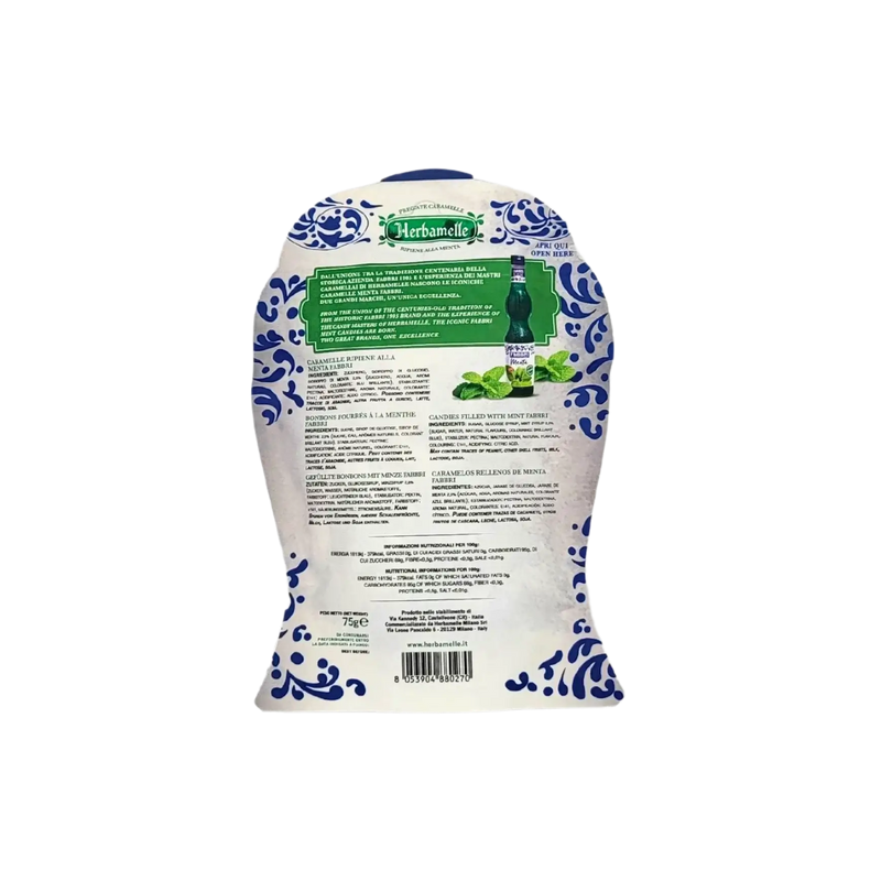 Emballage des bonbons à la menthe Fabbri Herbamelle, présentant les ingrédients et les détails du produit.