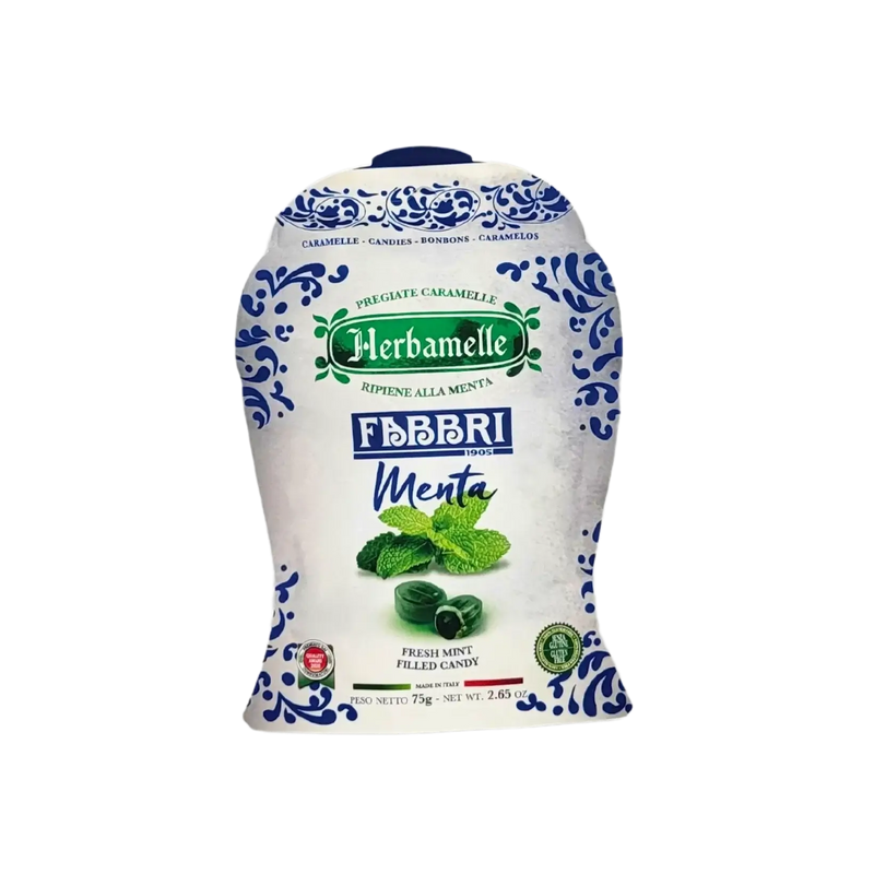 Emballage des bonbons à la menthe Herbamelle Fabbri 75 g, présentant des bonbons italiens rafraîchissants à la menthe.