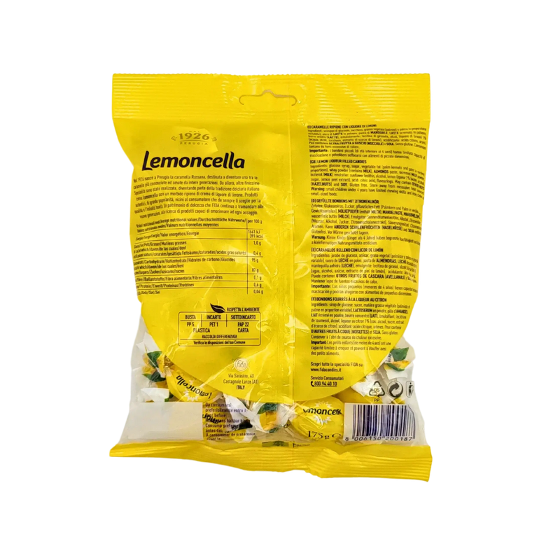 Emballage des Bonbons au Limoncello Perugia 175g – des bonbons italiens au citron avec une saveur rafraîchissante.