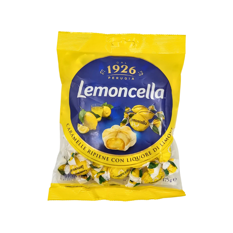 Emballage de bonbons Lemoncella Perugia 175g, confiserie italienne au citron, bonbons fourrés au liqueur de citron.