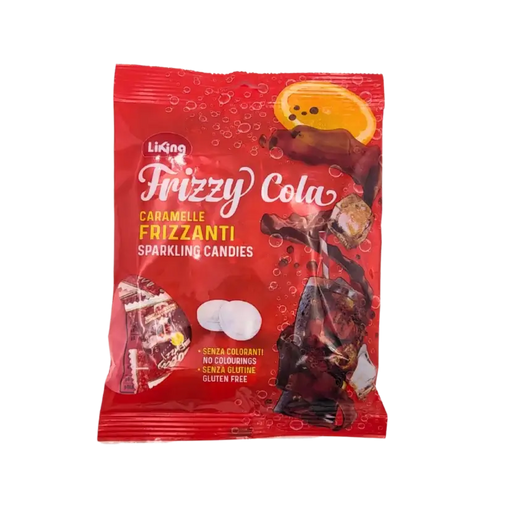 Sachet rouge de bonbons Liking Frizzy Cola 150g illustrant des bulles, une boisson cola et une tranche d’orange