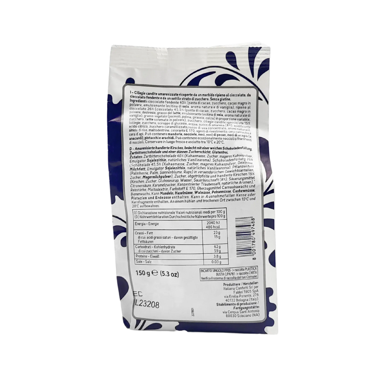 Emballage au dos des Chocolats au Cœur d'Amarena Fabbri Maxtris 150g, présentant les ingrédients et les informations nutritionnelles.