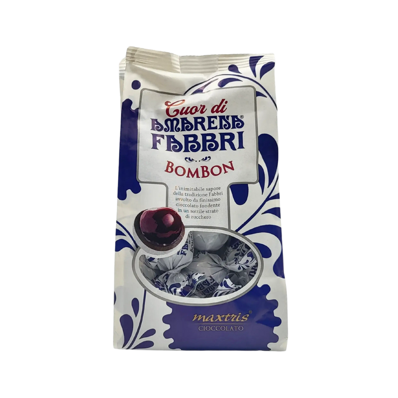 Chocolats au Cœur d'Amarena Fabbri Maxtris 150g en emballage élégant avec décorations florales.