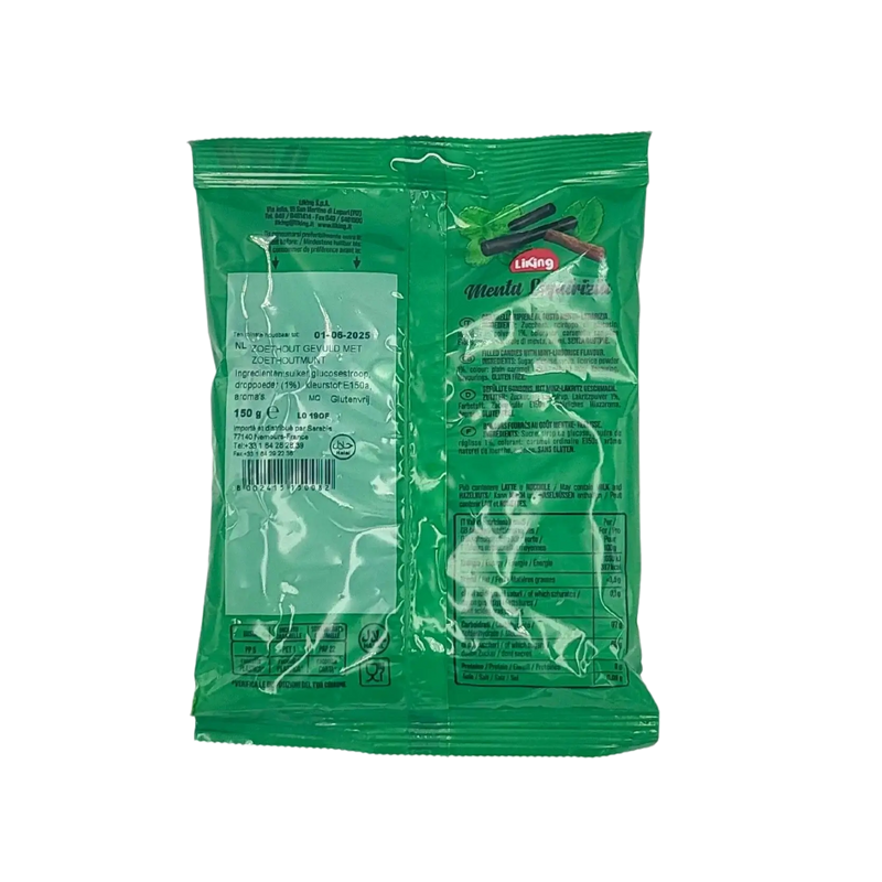 Emballage de bonbons Liking Menthe Réglisse sans gluten, 150g, avec des ingrédients naturels et des détails de produits italiens.