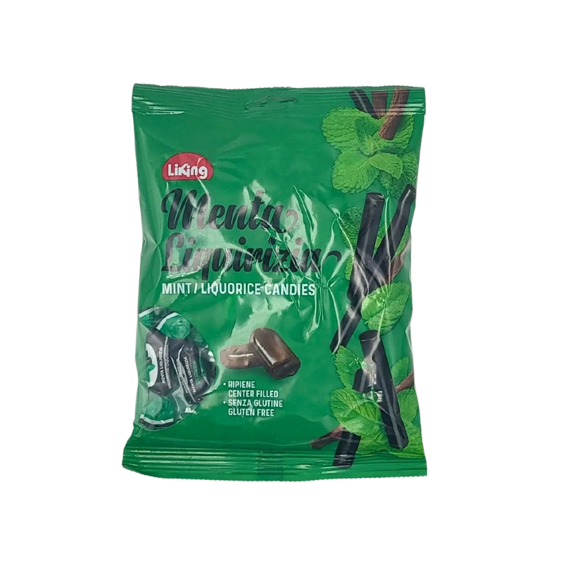 Bonbons Liking menthe réglisse sans gluten, sachet de 150g de confiseries italiennes.