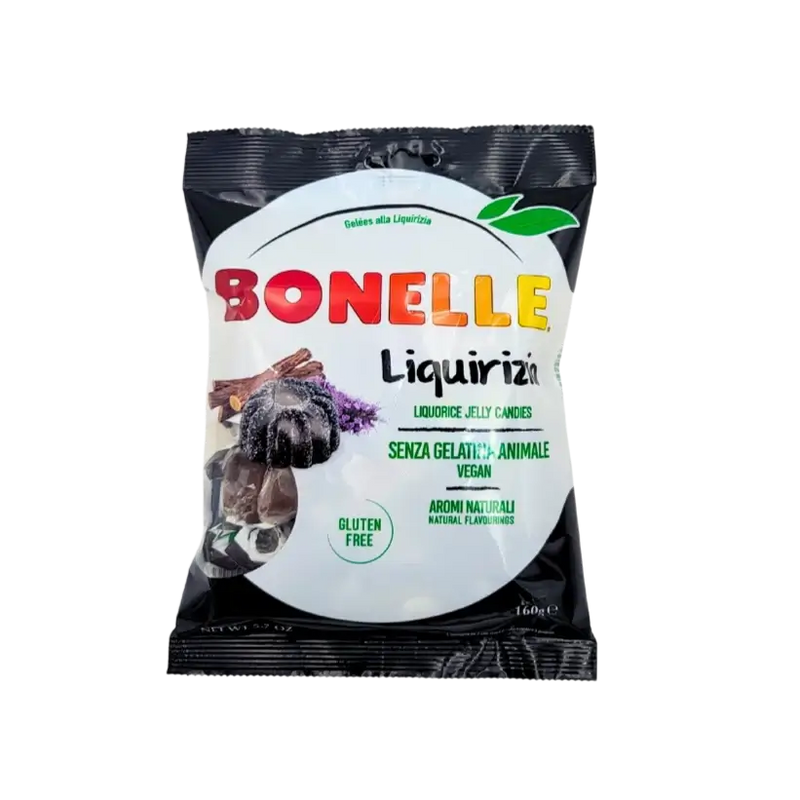 Emballage de Bonbon Réglisse Sans Gluten Bonelle Vegan 160 g, bonbons à la réglisse italiens.