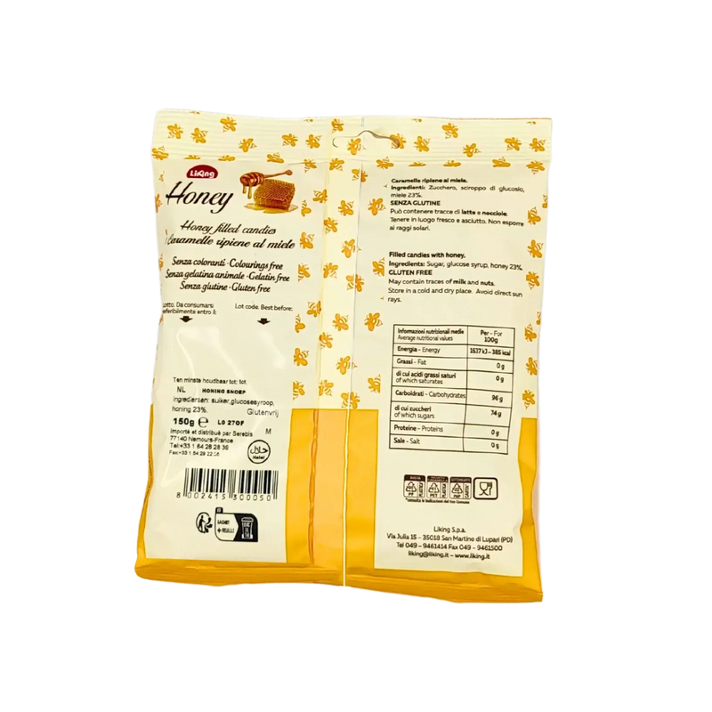 Bonbons Durs Fourrés au Miel Liking 150g, emballage avec informations nutritionnelles et ingrédients.
