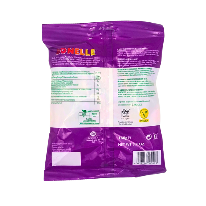 Dos du paquet Bonelle Frutti di Bosco 160g - Bonbons gélifiés aux fruits rouges, végan et sans gluten.