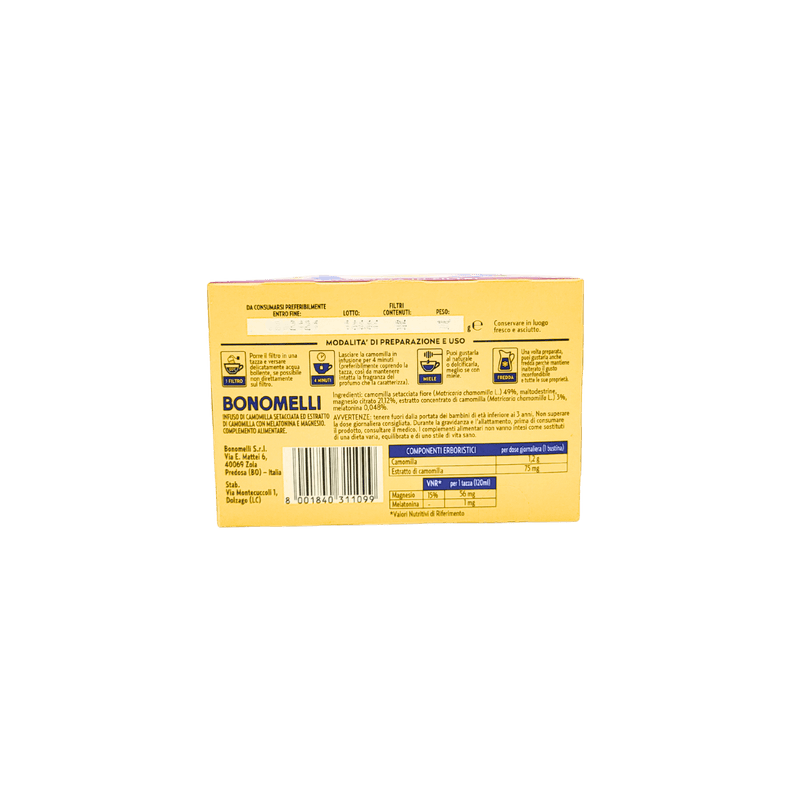 Image de la face arrière de la boîte de camomille Bonomelli avec mélatonine, 14 sachets, 35g, montrant les instructions et les informations nutritionnelles