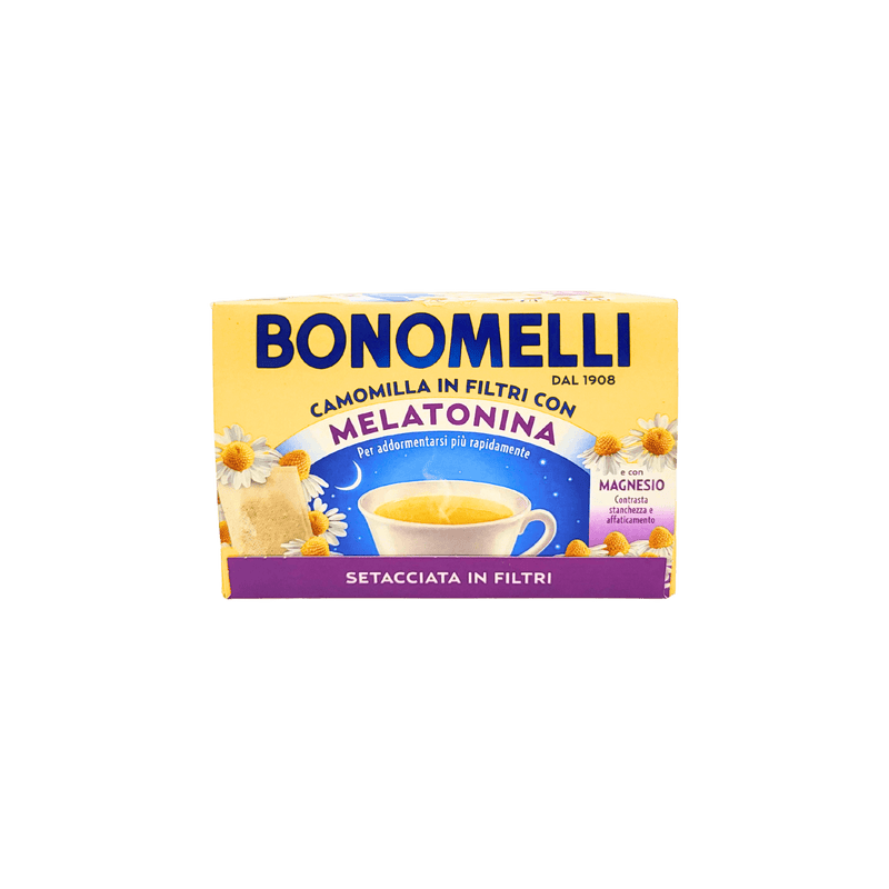 Image de la face avant de la boite de camomille Bonomelli avec melatonine, 14 sachets, 35g