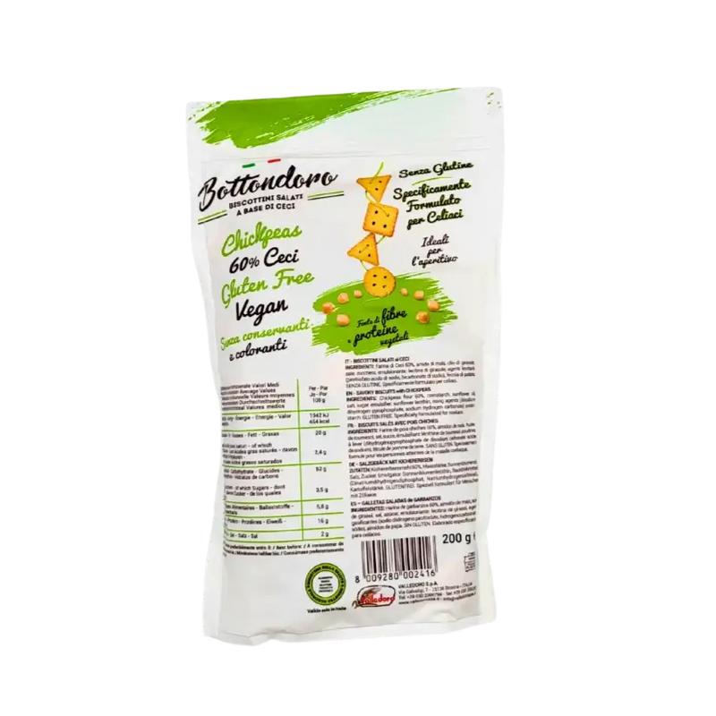 Vue arrière du paquet de crackers sans gluten et vegan Bottondoro 200 g, présentant les ingrédients naturels et les informations nutritionnelles.