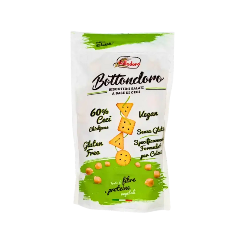 Crackers sans gluten Bottondoro 200 g, biscuits salés vegan à base de pois chiches, signés Valledoro – des crackers sans gluten croustillants et savoureux.
