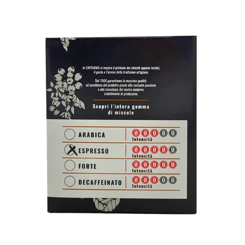 Arrière de la boîte de capsules de café espresso Nespresso, présentant le graphique d’intensité et un motif floral.