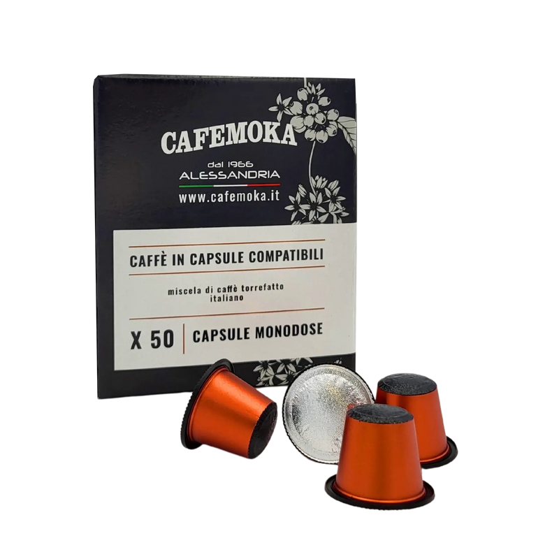 Emballage de capsules de café espresso Nespresso contenant 50 capsules orange, compatibles avec les machines Nespresso, par CaféMoka.