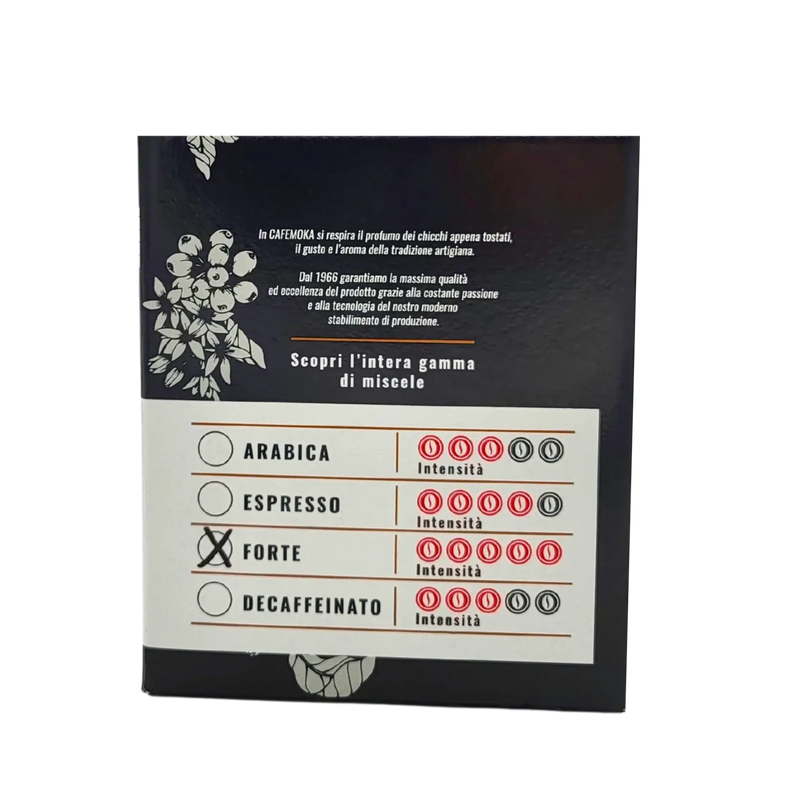 Dos de la boîte de Café Espresso Forte Nespresso CafeMoka montrant les niveaux d’intensité et les détails du mélange de café italien.
