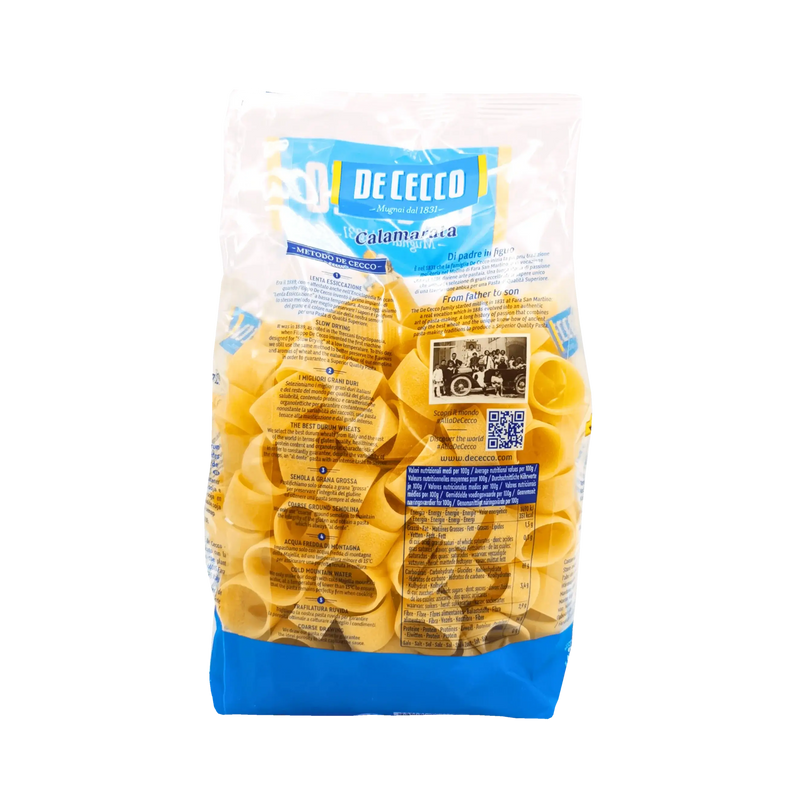 Paquet de Calamarata n°129 de De Cecco, pâtes courtes italiennes, 500g, face arrière.