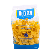 Paquet de Calamarata n°129 de De Cecco, pâtes courtes italiennes, 500g, face avant.