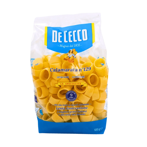 Paquet de Calamarata n°129 de De Cecco, pâtes courtes italiennes, 500g, face avant.