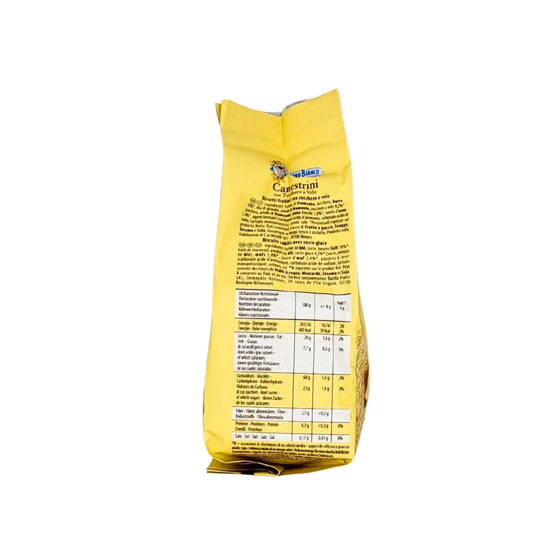 Arrière du paquet de biscuits sablés Mulino Bianco Canestrini 200g, informations nutritionnelles visibles.