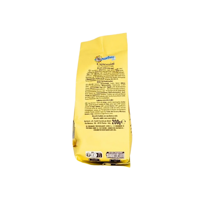 Arrière du paquet de 200g de biscuits sablés Canestrini Mulino Bianco avec ingrédients détaillés.
