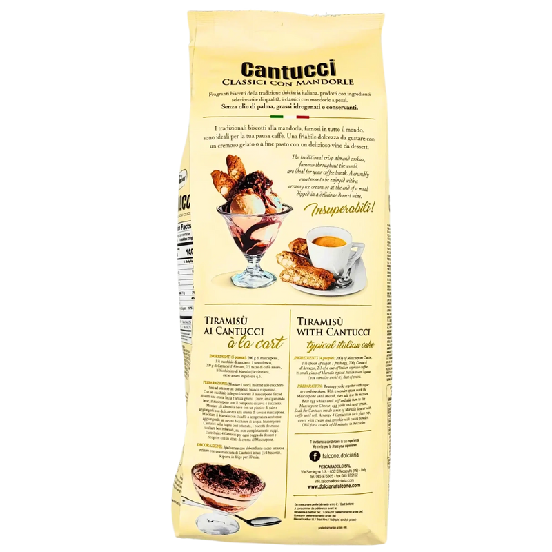 Face arrière du paquet de biscuits Cantucci d'Abruzzo Mandorle 800g, avec une recette de tiramisu et des informations en plusieurs langues.