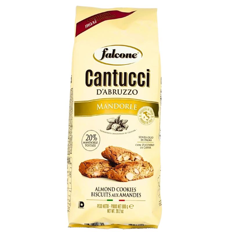 Face avant du paquet de Cantucci d'Abruzzo aux amandes 800g de la marque Falcone, affichant des biscuits dorés et les ingrédients principaux.